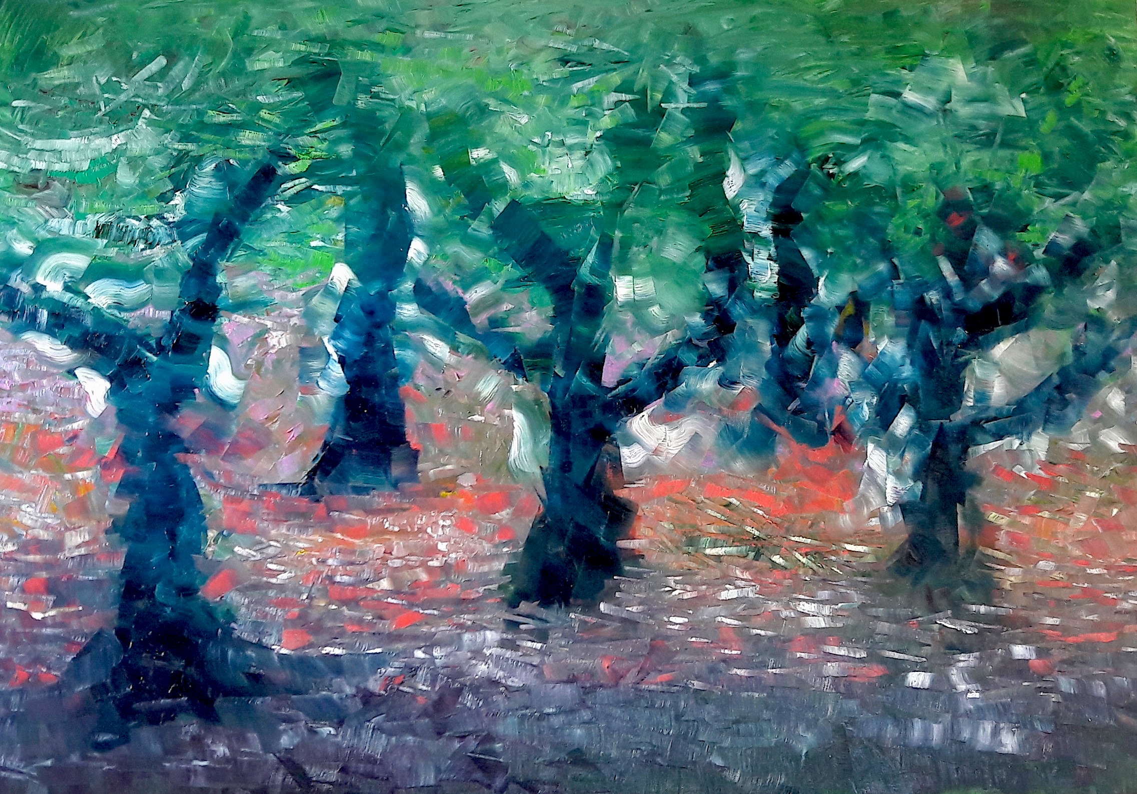 painting of several trees in a forest and they seem to dance Samuel Rondiere a.k.a. Sam Elka