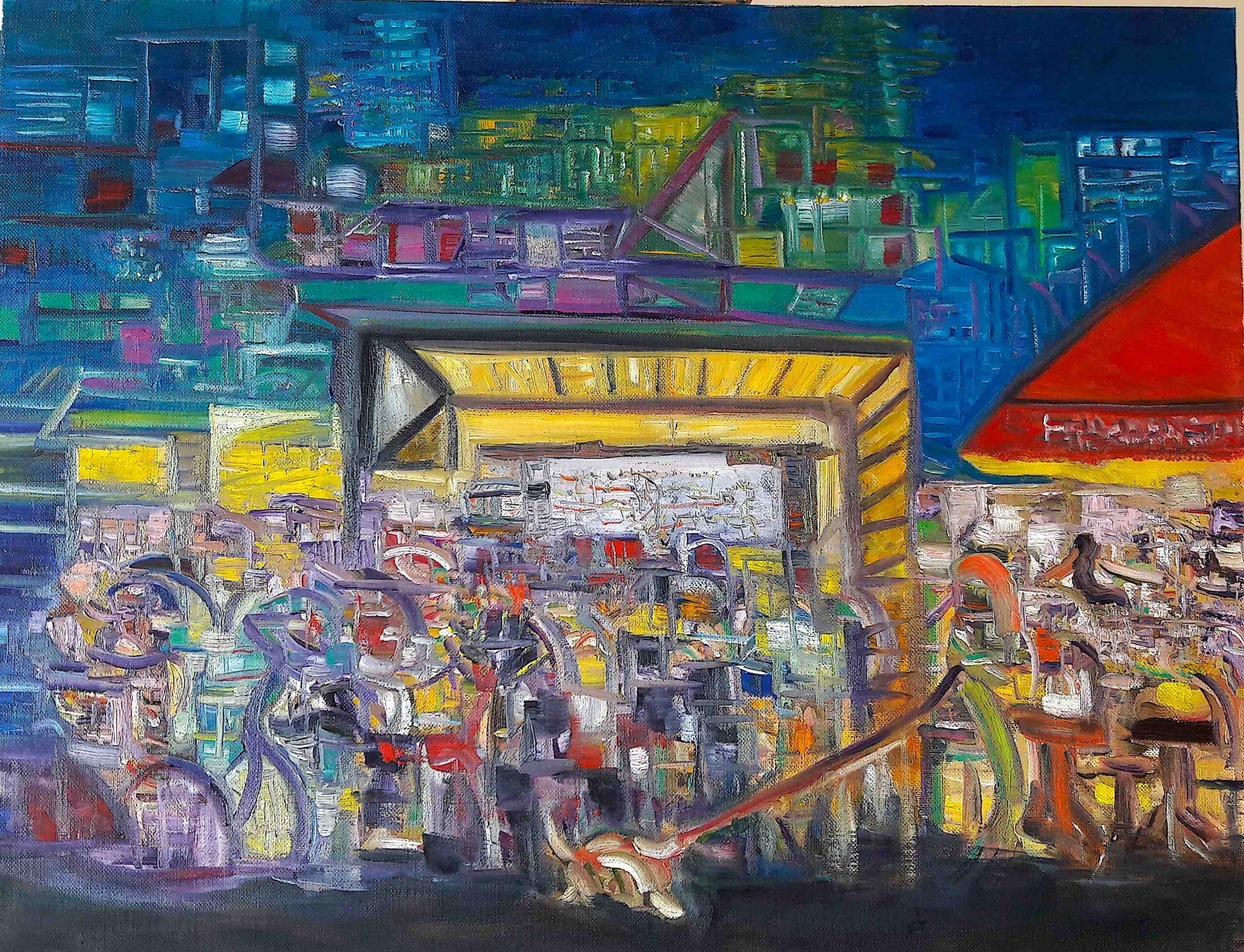 painting of a crowded bus stop at night in the city, by Samuel Rondiere a.k.a. Sam Elka