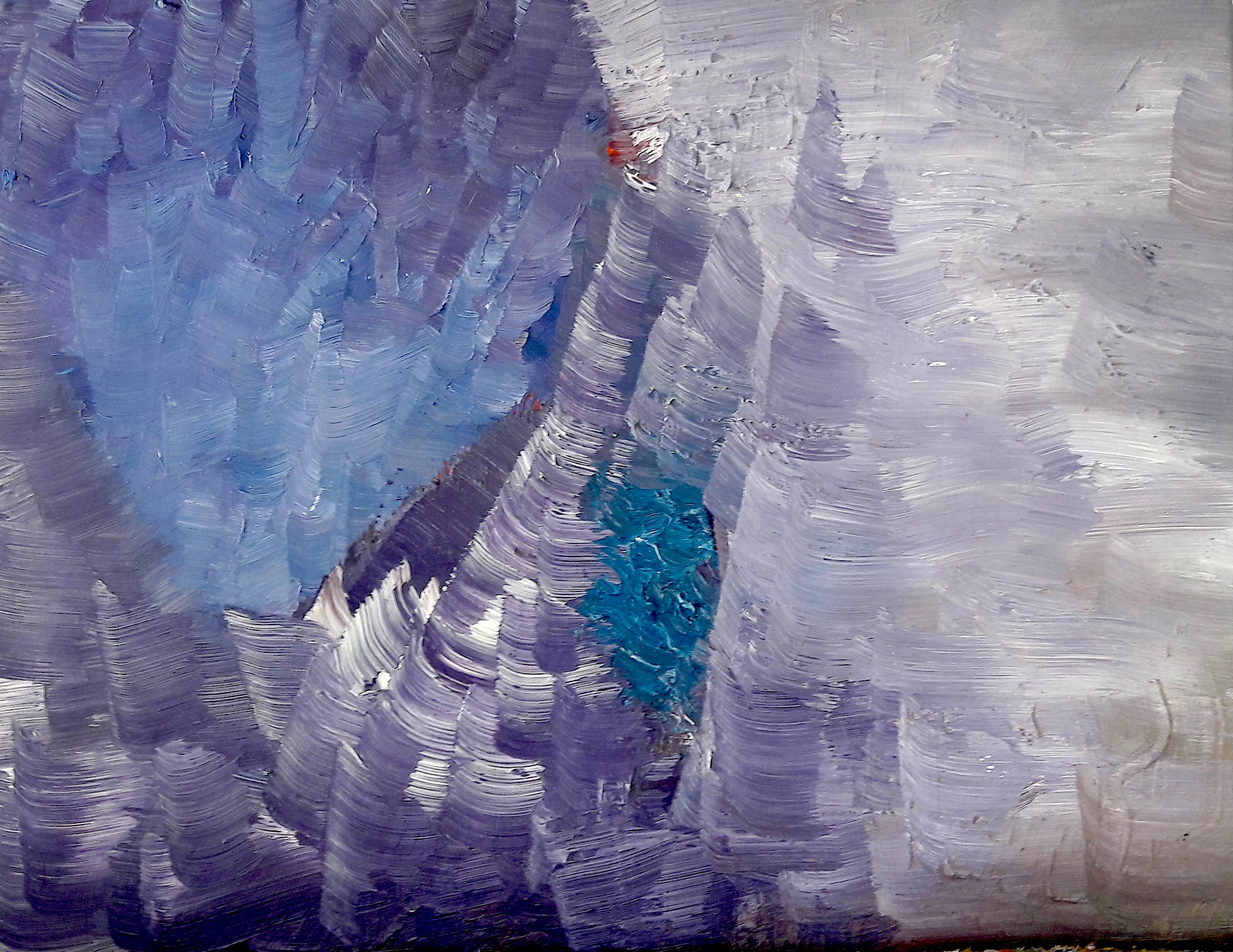painting of blue grey chasm and a tiny shape leaning over by Samuel Rondiere a.k.a. Sam Elka