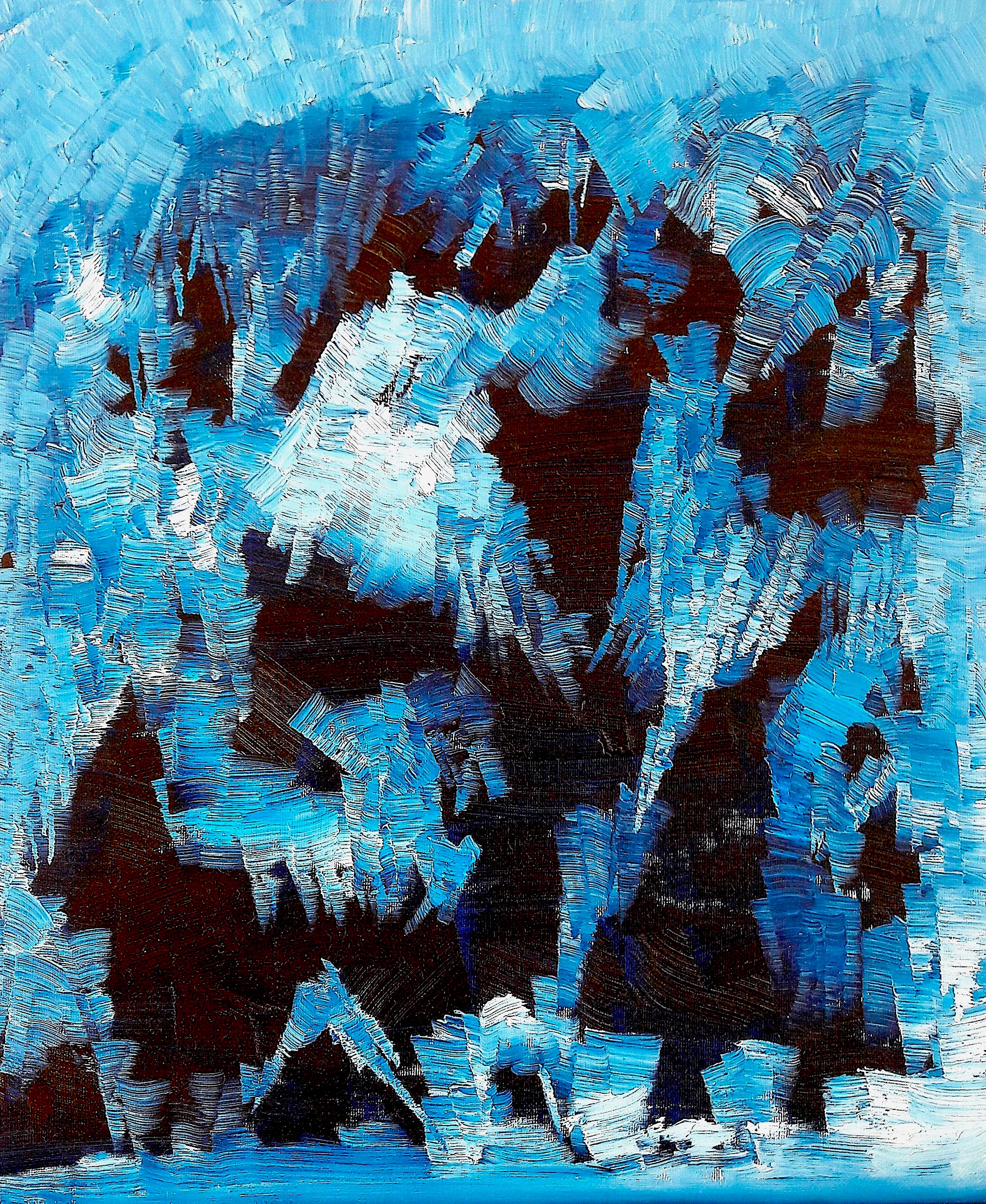 abstract black and blue painting, with shapes evoking the little red riding hood tale, by Samuel Rondiere a.k.a. Sam Elka