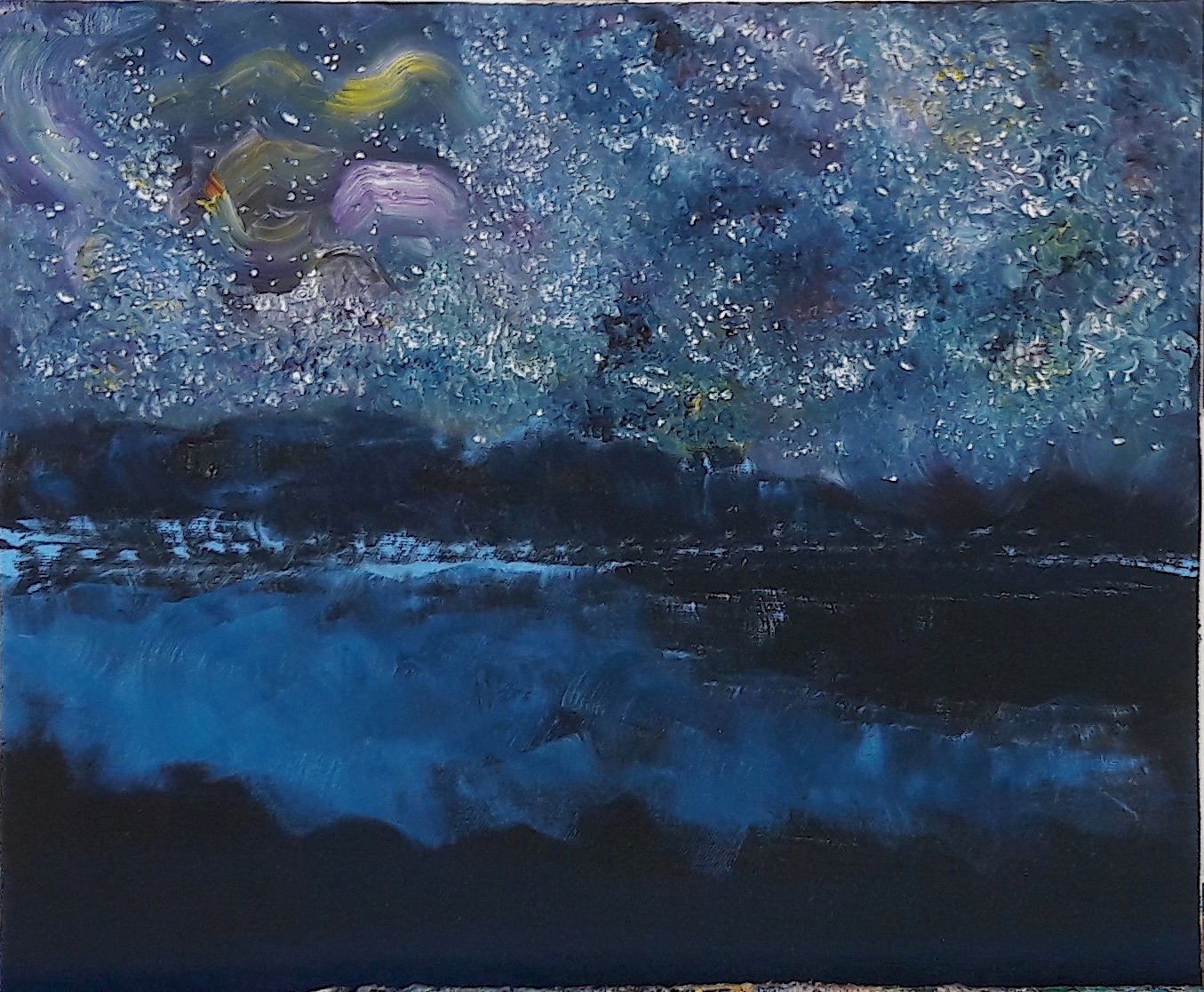 painting of a sky full of stars at night, near a lake, by Samuel Rondiere a.k.a. Sam Elka