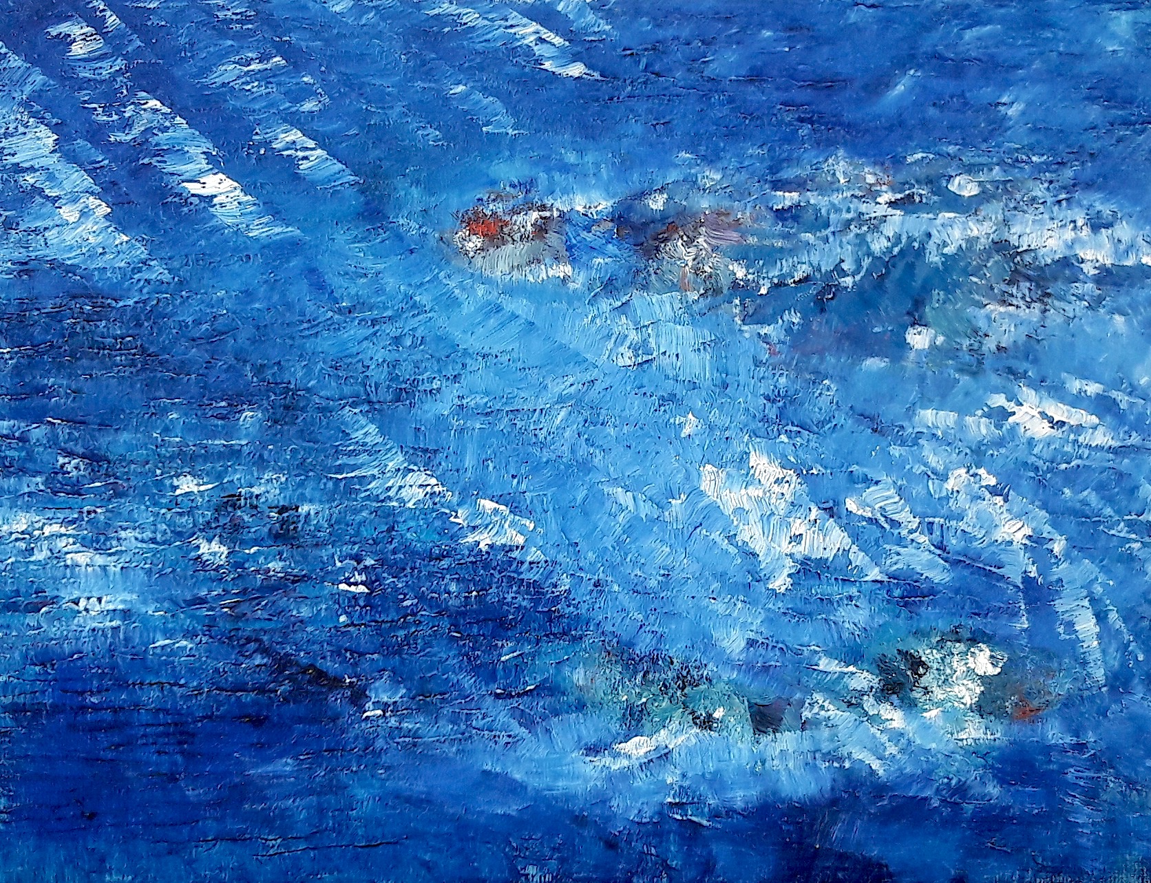 painting of a reef in the ocean, seen from above, in an helicopter, by Samuel Rondiere a.k.a. Sam Elka