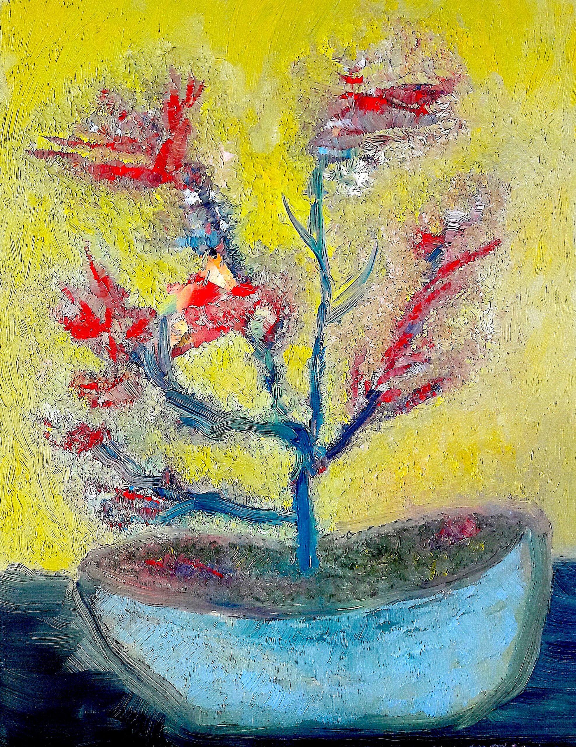 painting of a unique red flower on a yellow background, as a tribute to Vincent Van Gogh, by Samuel Rondiere a.k.a. Sam Elka